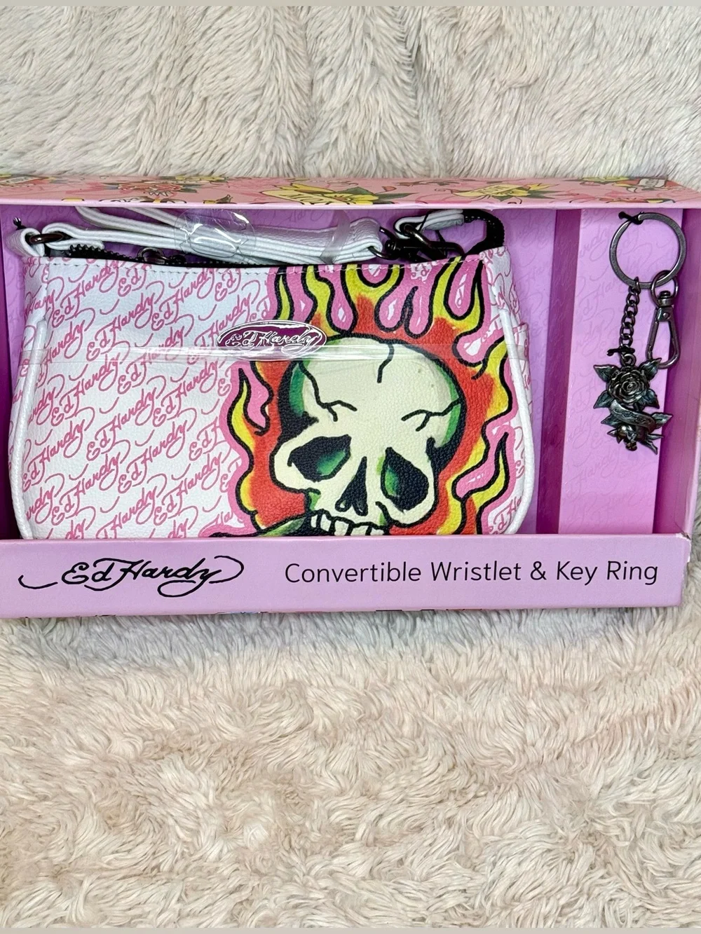 Ed Hardy White & Pink Skull Convertible Wristlet with Key Ring NWT